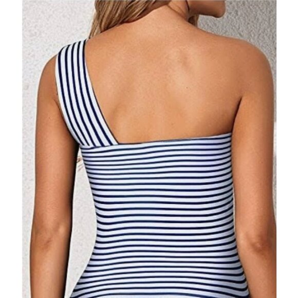 Womens Striped One-Shoulder Swimsuit With Bikini Bottoms 18W Navy/White Tempt Me - Picture 2 of 9